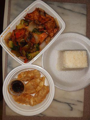 Tofu, White Rice and Fried Dumplings