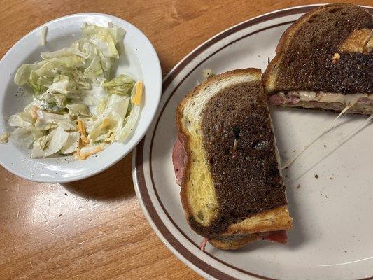 Reuben sandwich on marble rye, 1/2 of my side salad (sorry)