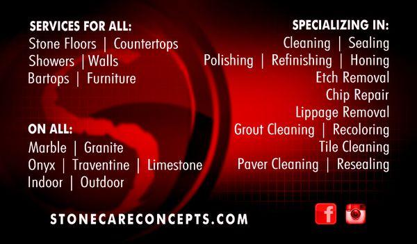 Here is the back of our business card with all of the services we provide.