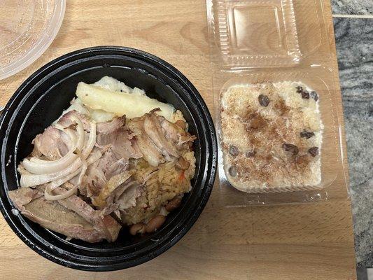 Congri- Red beans, rice and tender roast pork, with homemade Rice Pudding with raisins.