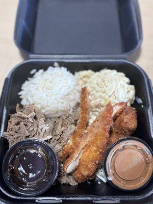 Chicken katsu and kalua pork combo.