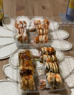 Left to right, top to bottom: Reggae Man, Salmon Roll, Domo Agitato, Dragon Roll