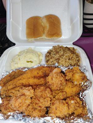 Fried Catfish, shrimp, dirty rice, roll and potato salad