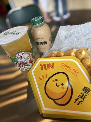 Pineapple tea, velvet milk tea, and egg tart bubble waffle