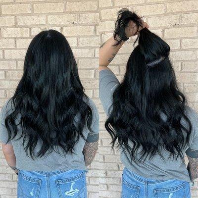 Before and after, hand tied sewn in extensions