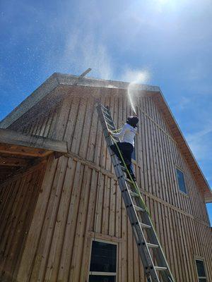 Power wash before stain