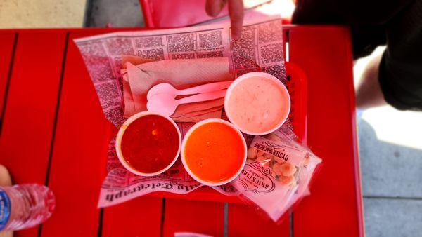 Flight of soups (L - R is Maryland crab, lobster bisque sans any lobster meat, clam chowder, and super stale crackers)