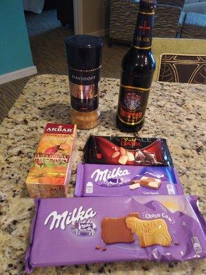 A few items available: Indian and Euopean instant coffee, East European beers by the bottle, teas, and lots of European chocolates!