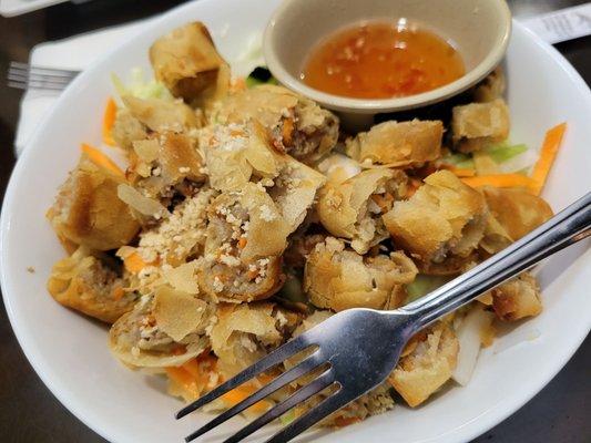 Noodles bowl with eggrolls.  Very tasty eggrolls!