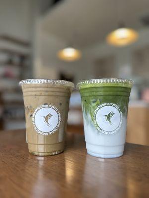 Left: Black Sugar Hojicha Latte Right: Blue Hummingbird Matcha Latte