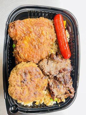 Bento (chow funn, fried chicken, Teri hamburger, Teri beef and hotdog