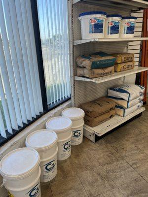 3 Inch Chlorine Tablets, Sand, Sodium Bicarbonate, Soda Ash, and DE