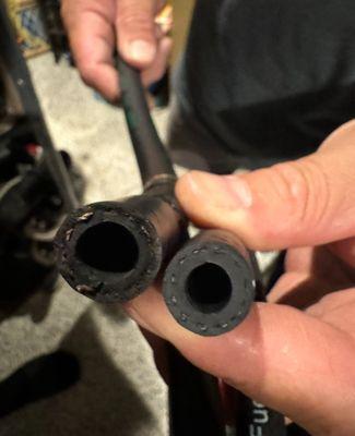 The fuel hose on the left is what was installed by Original Auto, and the one on the right is a proper and quality fitting fuel hose.