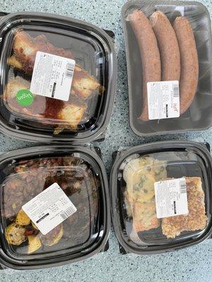 Vegan enchiladas, hot kielbasa, jerk chicken, Mac-n-cheese with salmon.