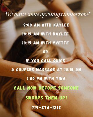 Openings available Friday, October 24th. The Good Place Massage