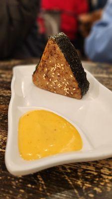 Rice ball was tasty. Comes with spicy mayo dip on the side.