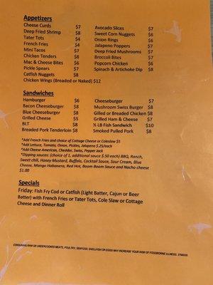 Appetizers, Sandwiches and Specials