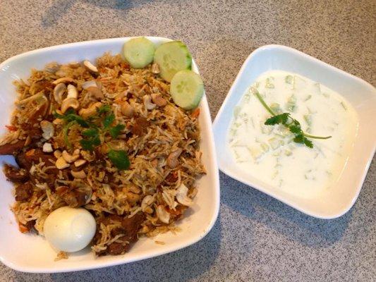 Spicy Mutton Biriyani & Refreshing cucumber raita.