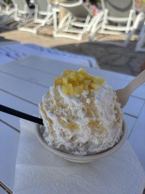 Lychee coconut shaved ice, addon pineapple cream topping and vanilla ice cream