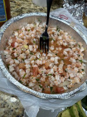 Ceviche ( I ended up putting more lemon and tomatoe cocktail juice ( Clamato ) and it still didn't soften the shrimp .