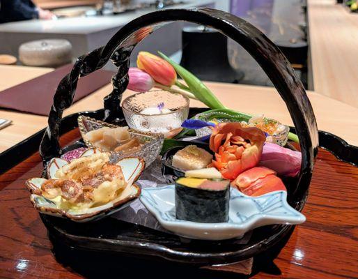 Hassun - Soft shell crab tempura in potato mousse, shiso-wrapped daikon and egg, agedashi tofu, monkfish liver and scallop, mountain yam, oc