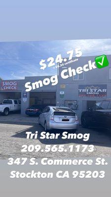 $24.75 + cert. Cheap Smog Check. For most vehicles. Call shop for details. Additional cost for Diesel vehicles.