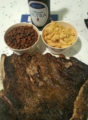 Half slab of ribs (dry rubbed), homemade baked beans and mac-n-cheese.