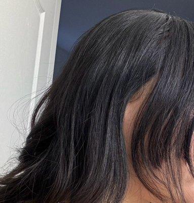 Uneven face framing. Curtain bangs and face framing? Its awful.