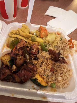 Curry chicken, spicy BBQ chicken, fried rice.