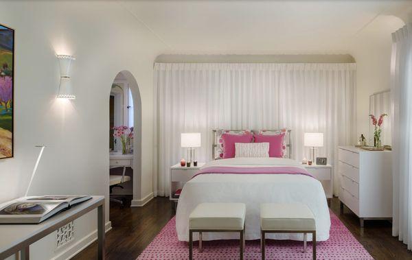 Dreamy Palisades bedroom for stylish teen. Custom drapery, furniture, lighting and accessory selection.