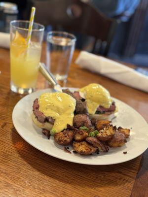 Steak and eggs Benedict