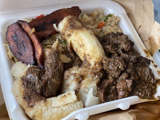 Ackee and saltfish, yam, bananas, plantains and kidney