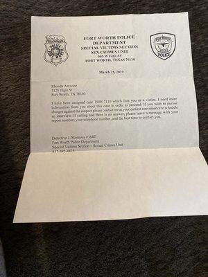 The letter of proof of my meeting with detective Montoya.