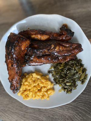 Ribs, collard greens w smoked turkey , cheesy Mac