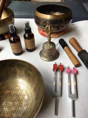 Tibetan singing bowls and tuning forks add to the benefits of a healing session which combines Massage Therapy in it.