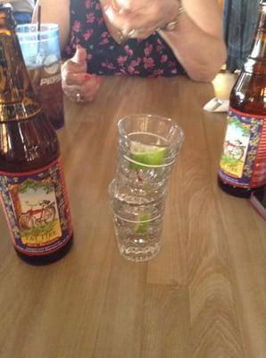 Cazadores tequila and Fat Tires to start our meal!