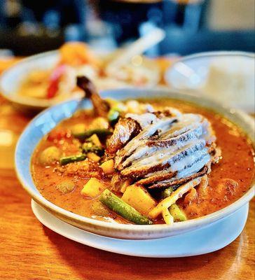 "Crispy Duck" Red Curry Roasted Duck so yummy they also make Crispy Duck soup Both Amazeballs. A Fave fall dish OuiOui :).,