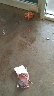 Asked for this raw meat to be disposed of by office staff 12/23/16 & 12/24/16, never cleaned up.