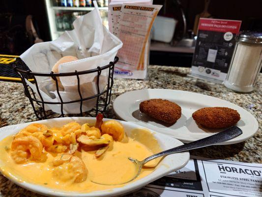 Shrimp Mozambique/ creamy sauce and Shrimp Croquettes. Mozambique sauce is an excellent dipping sauce with any veggies and fries, SAVE IT !