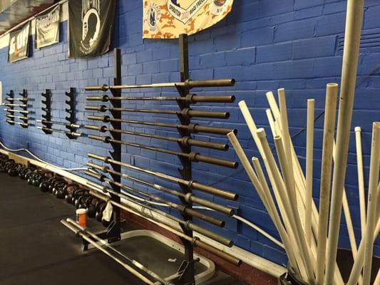 Storage area for Olympic barbells and kettle bells