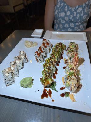 Left to right: blue crab, Maguro Karai Honey, rainbow, and Tiger roll.