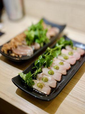 Yellowtail Jalapeno Yuzu Sashimi x8pc, Albacore Crispy onion Sashimi x8pc