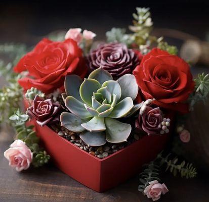 succulents with red roses