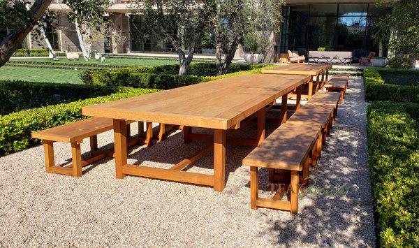 Custom teak dining tables and benches in Holmby Hills finished with our very own Supernatural teak sealer.