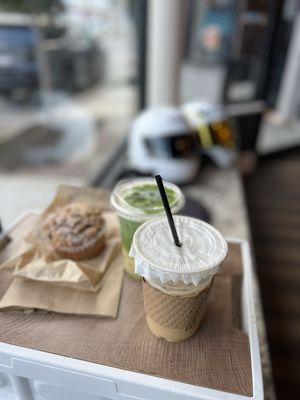 Iced caramel latte, blueberry muffin and matcha coffee.
