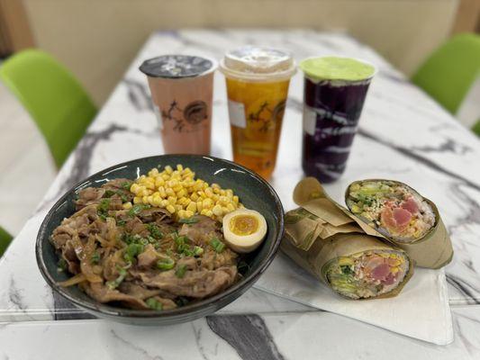 Strawberry Yakult, Mango InfruiTea, Taro Zang Zang, Beef Rice Bowl, Poke Burrito
