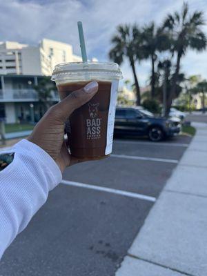 4 shots espresso iced with oat milk & 1 pump of macadamia nut syrup