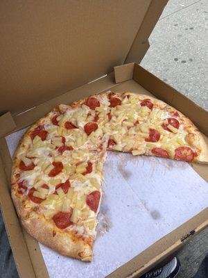 Awesome pizza -- lots of toppings and cheese! Huge Hawaiian pizza for just $17!