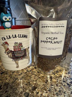 Enjoying a cup of tea from Grassy Hollow