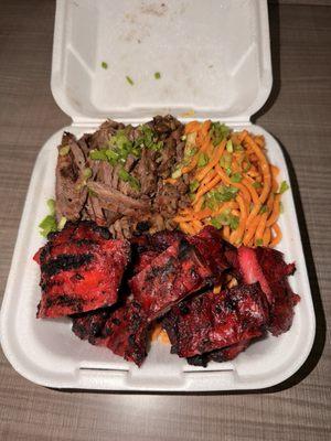 Beef, pork riblets, and chow mein